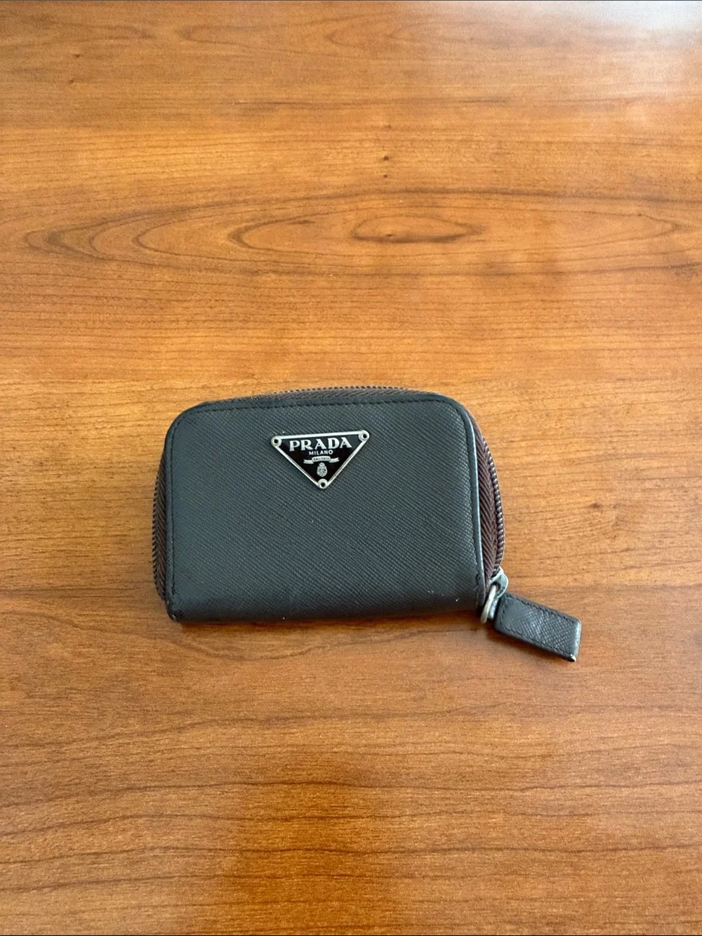 Prada Unisex Small Black Saffiano Zip Key and Card Holder with Metal Logo